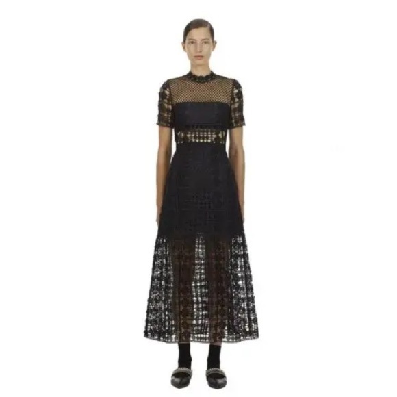 Self-Portrait Floral Lattice Lace Dress in Black - Picture 3 of 16